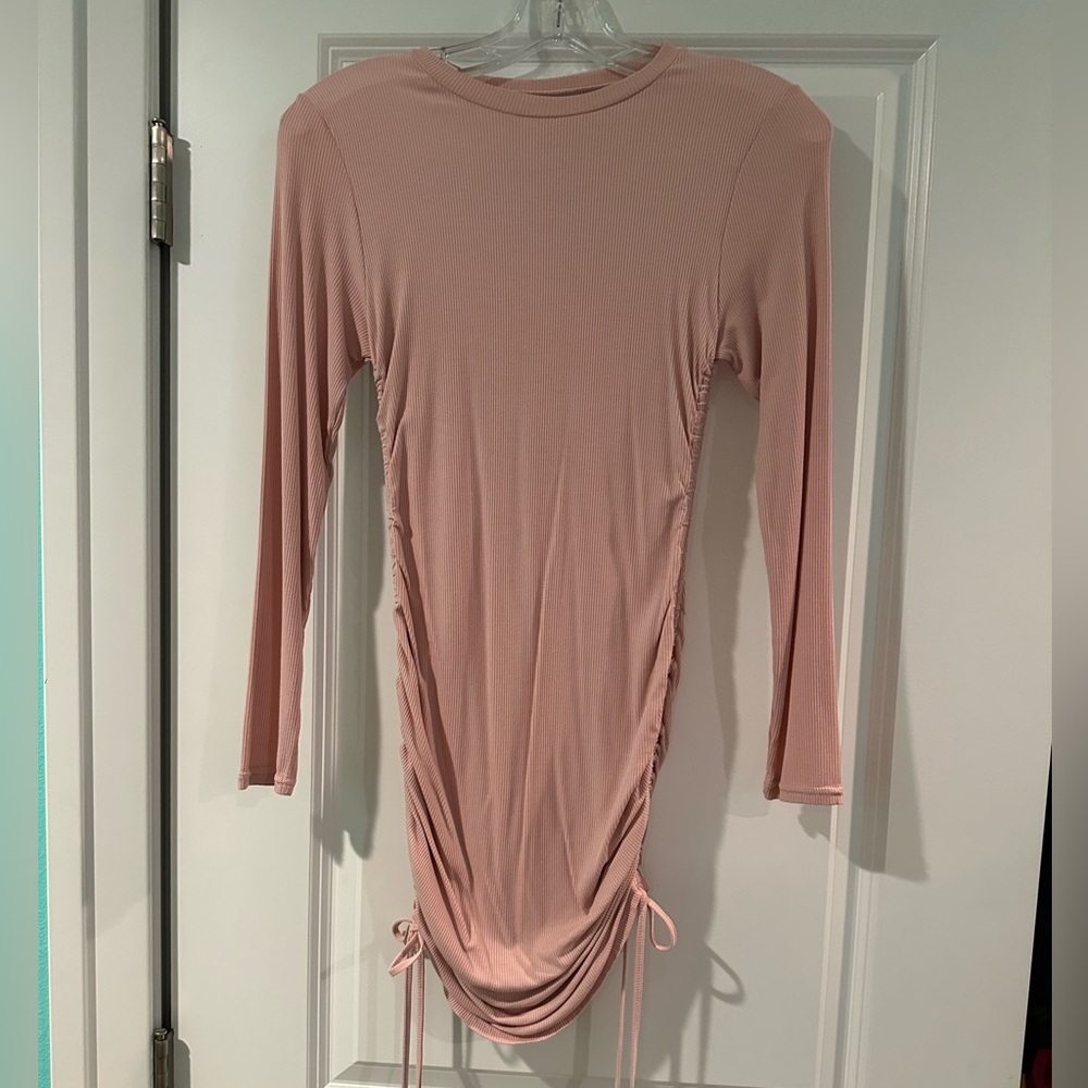 Amazon Pink Ribbed Ruched Bodycon Dress Long Sleeve Size Small